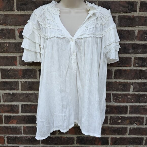 Maeve Size M White Short-Sleeve Ruffle Yoke Blouse Shirt Top Sz M - Picture 1 of 6